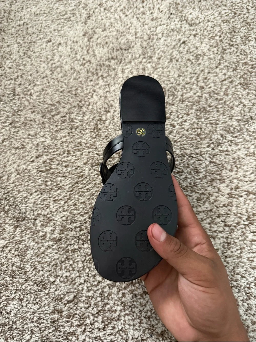 Tory Burch Black Logo Thong Sandal with Gold Accents